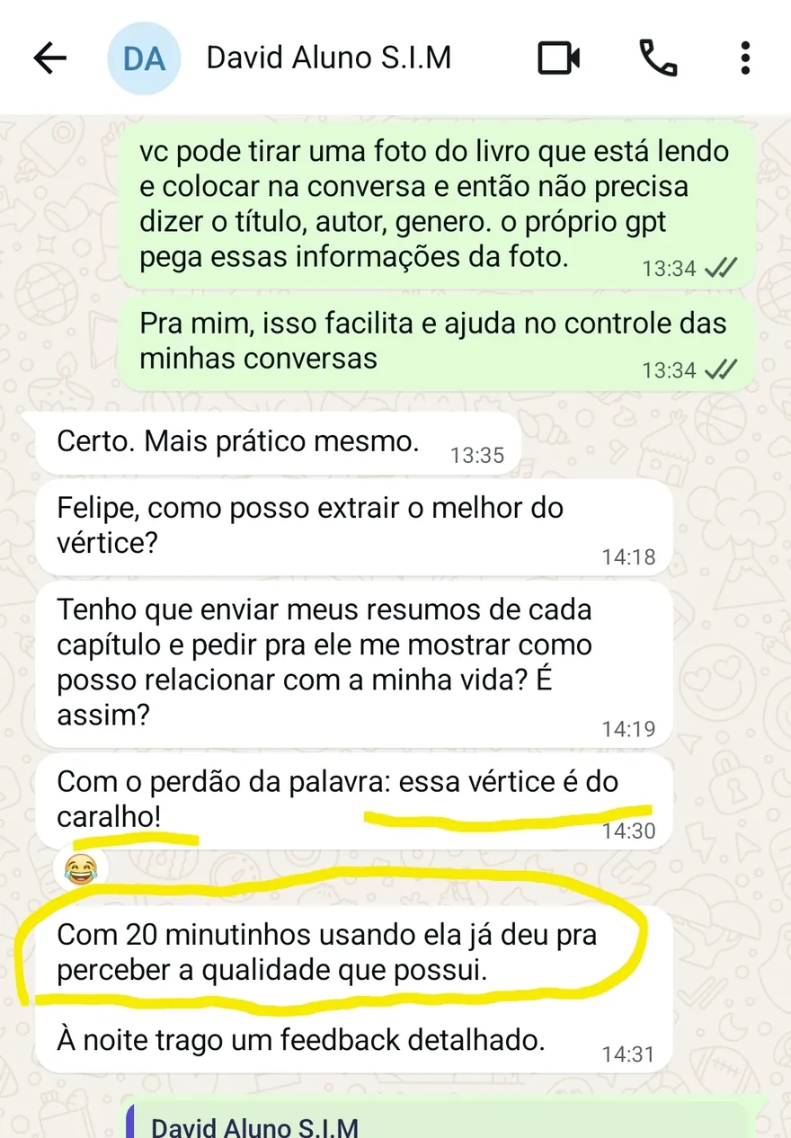 Conversa de WhatsApp em que David elogia a qualidade do agente Vértice