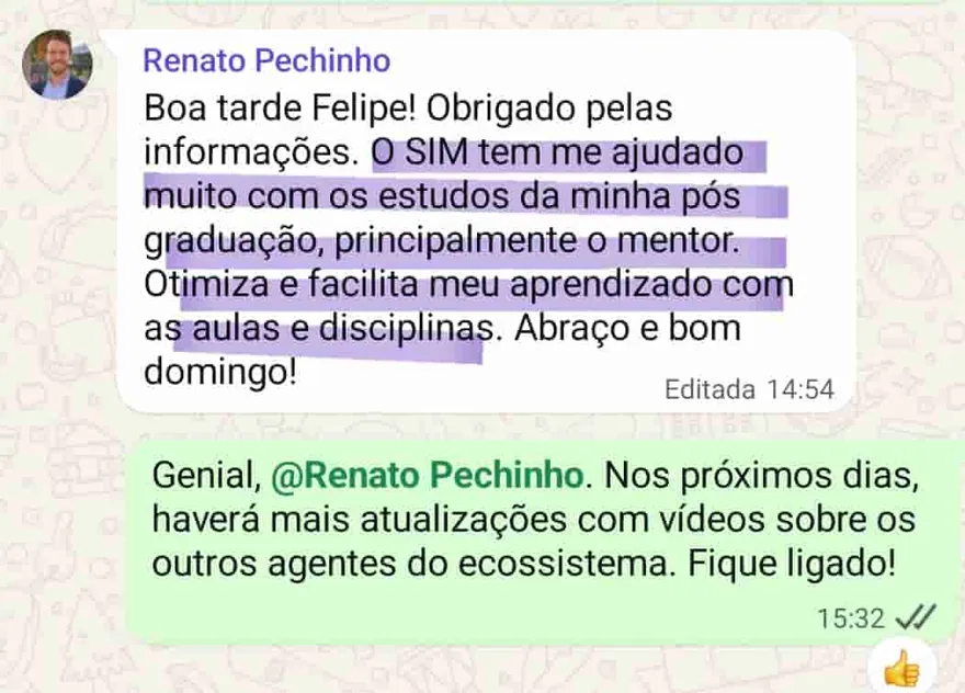 Conversa de WhatsApp em que Renato elogia o S.I.M. nos estudos da pós-graduação