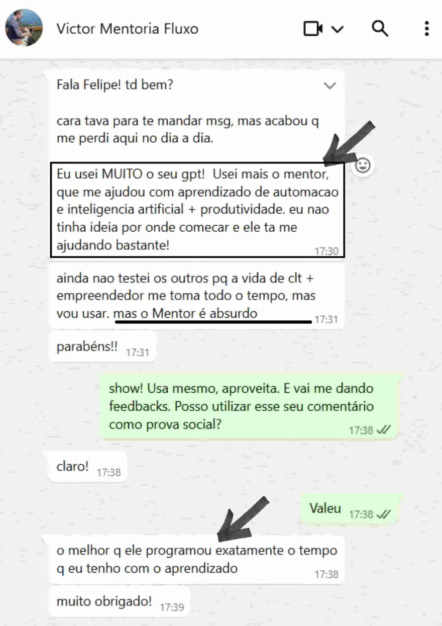 Conversa de WhatsApp em que Victor elogia o agente Mentor do S.I.M.